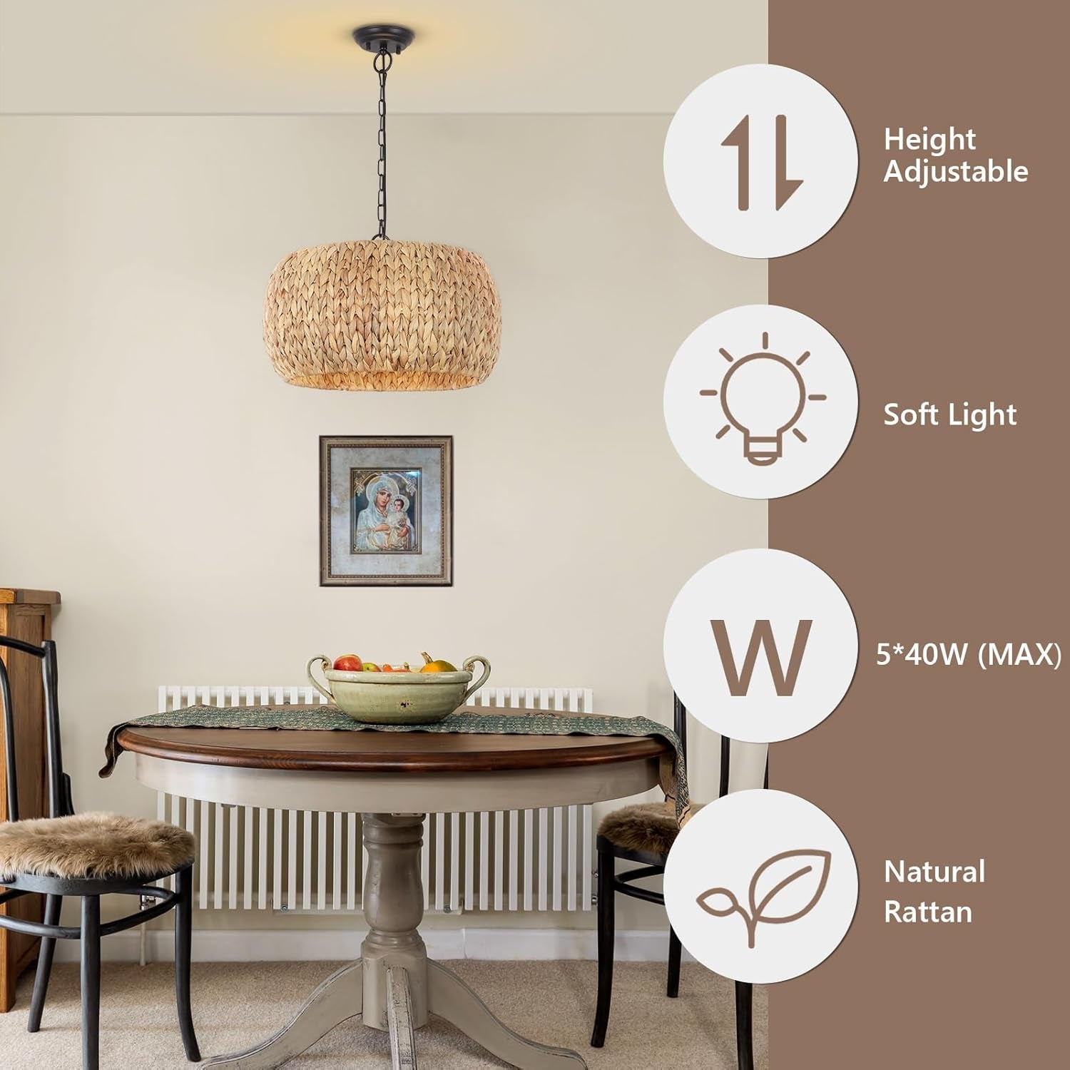 5 Light Farmhouse Rattan Chandelier Natural Water Hyacinth Shade
