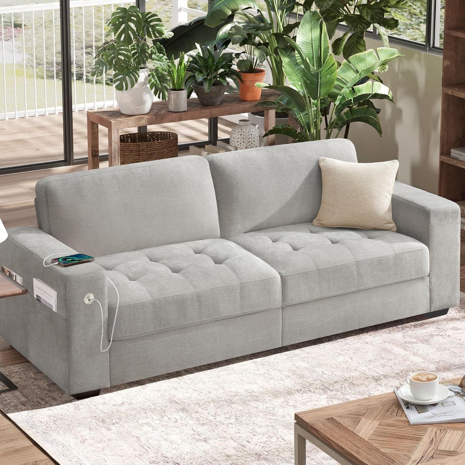 70 Inch Gray Chenille Loveseat With USB C Ports And Plush Cushions