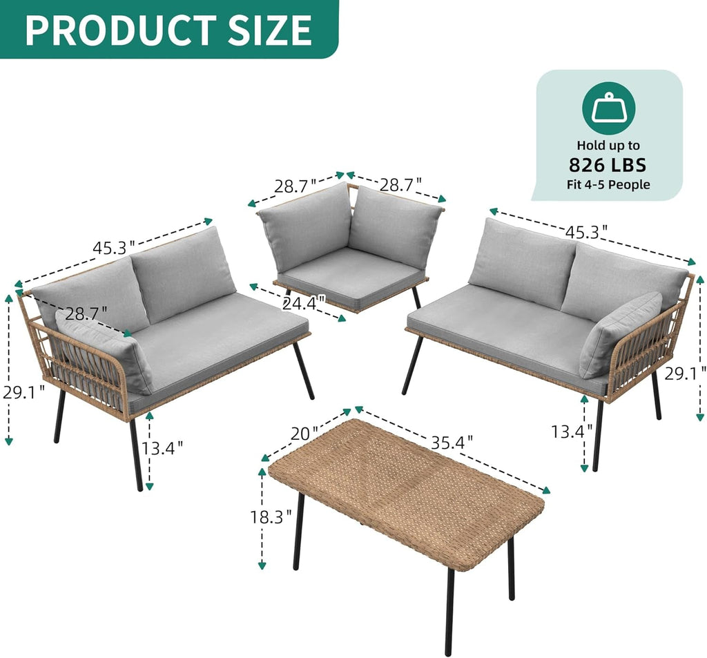 4 Piece Outdoor Wicker Patio Set Grey Memory Foam Cushions