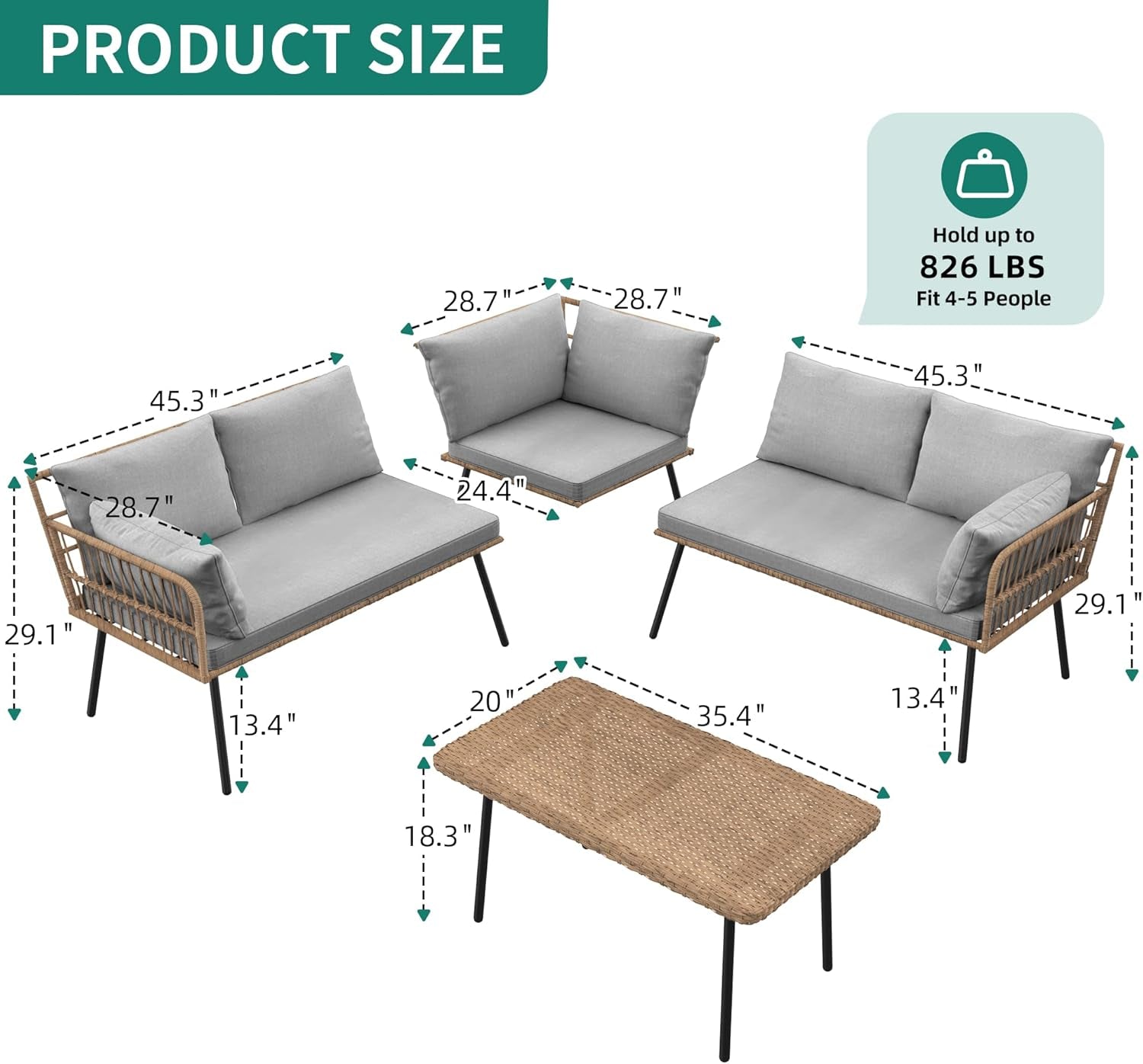 4 Piece Outdoor Wicker Patio Set Grey Memory Foam Cushions