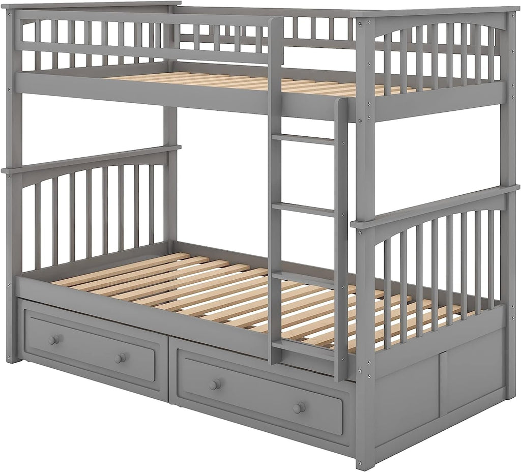 Grey Twin Bunk Bed With Storage Drawers Safety Rail