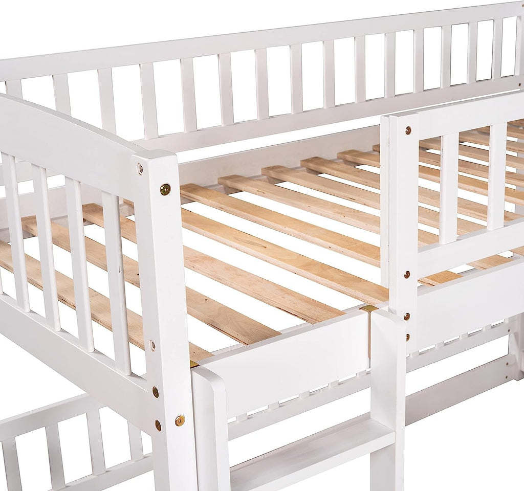 Twin Low Bunk Bed With Openable Fence And Slide White