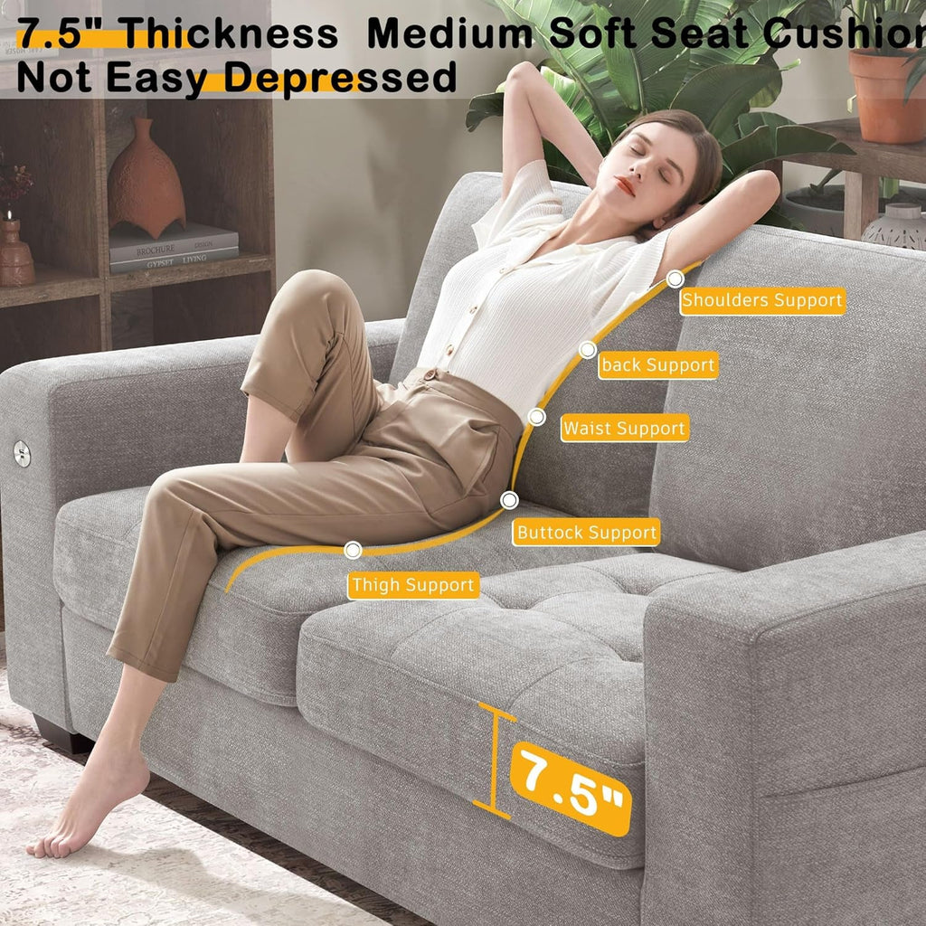 70 Inch Gray Chenille Loveseat With USB C Ports And Plush Cushions