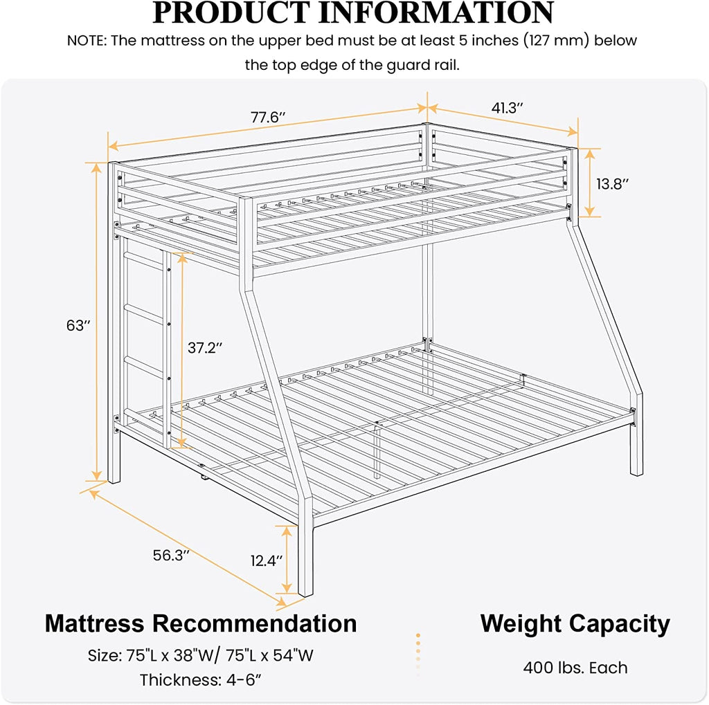 Twin Over Twin Bunk Bed With Slide Durable Square Tube