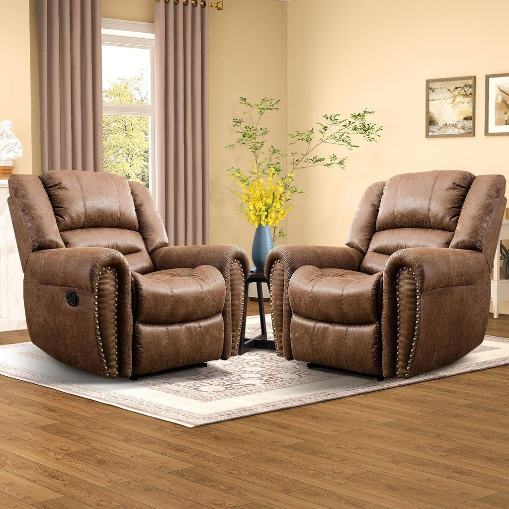 Leather Recliner Chairs Set 2 Nut Brown Manual Recliners