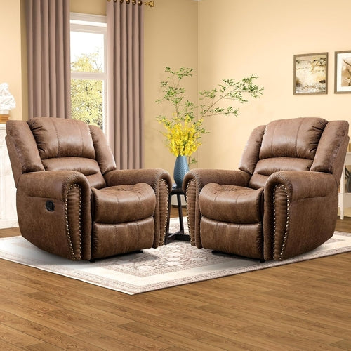 Leather Recliner Chairs Set 2 Nut Brown Manual Recliners