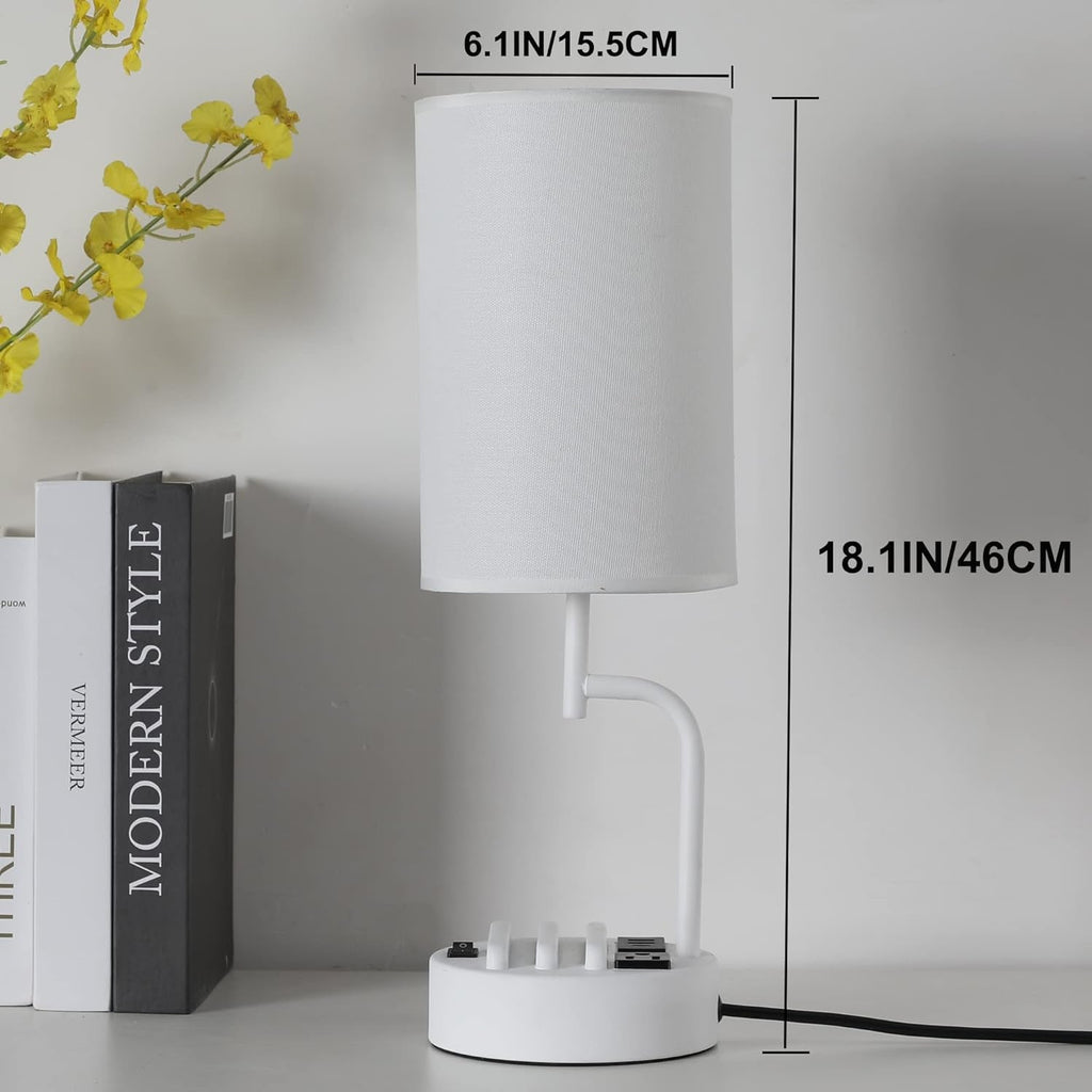 Table Lamp With 3 USB Ports White Finish For Home Office
