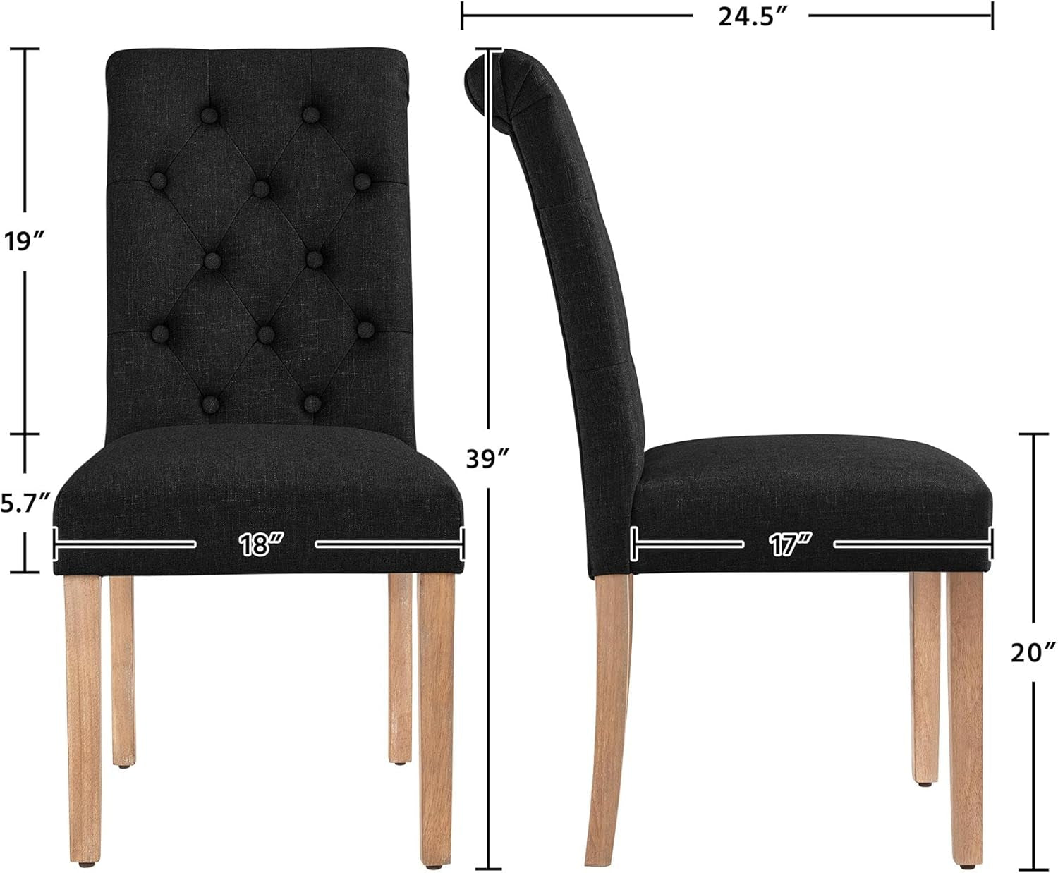 Tufted Upholstered Dining Chair Pair With Solid Wood Legs Black