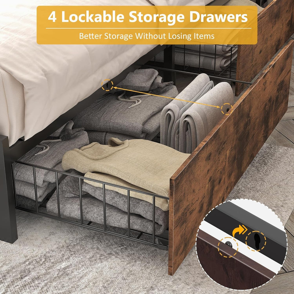 Queen Metal Platform Bed With Storage Headboard And Drawers
