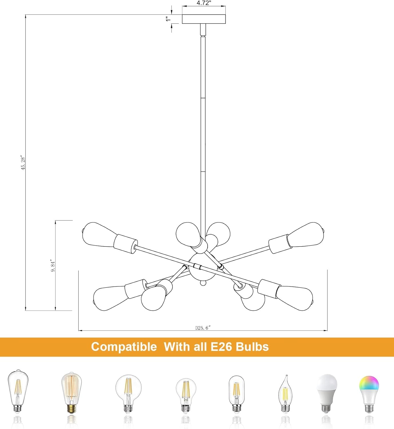 8 Lights Black And Gold Sputnik Chandelier For Dining Room