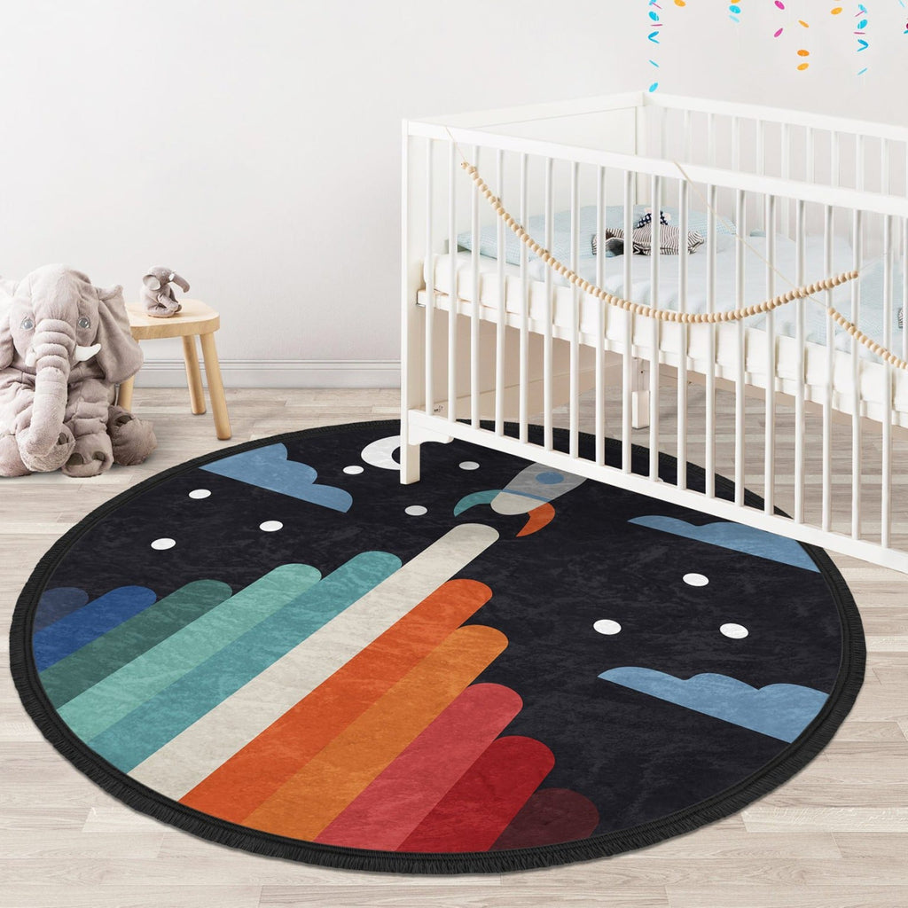 Space Rocket Kids Room Area Rug, Nursery Room Space Patterned Round